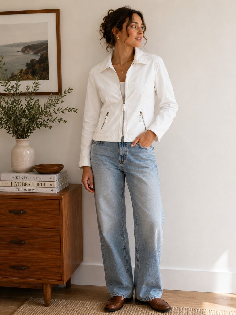 Lauren Ralph Lauren White Denim Jacket Zip Front Minimalist Y2K Moto ✨